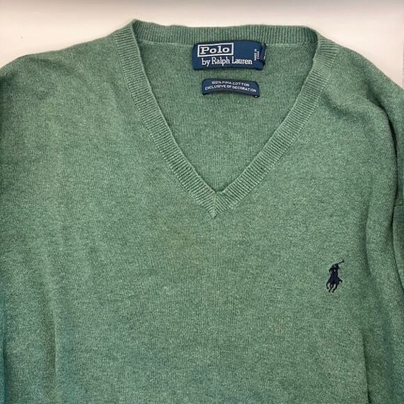 VTG 90s Polo Ralph Lauren V Neck Pullover Sweater Mens L Teal Cotton Preppy - Picture 1 of 8